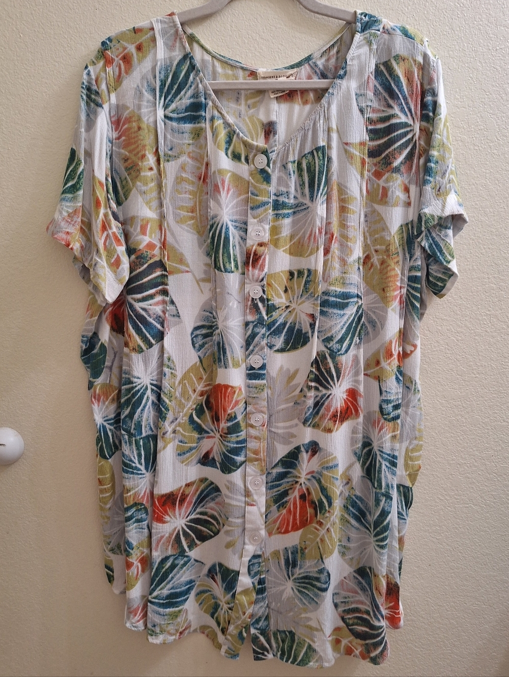 Beaches & Boho Tropical Leaf Print Linen Tunic Shirt - Size Medium